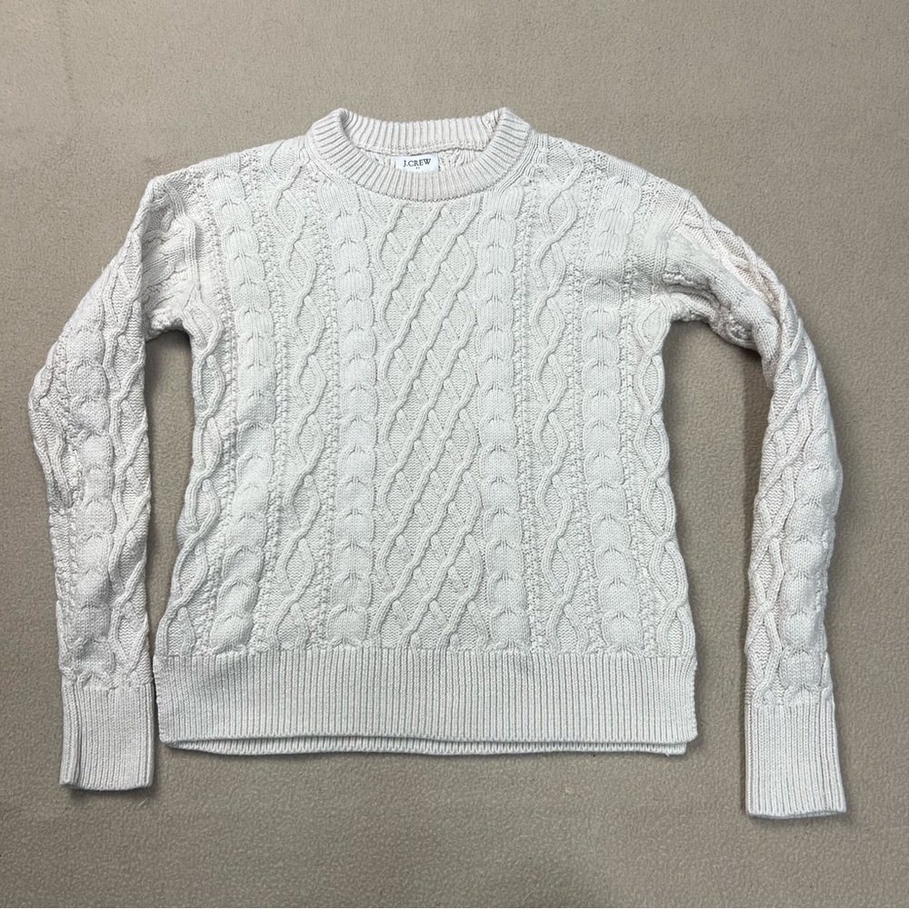 J Crew Sweater Womens XXS Beige Cable Knit Crewneck Cotton BT229 Holiday 2023 - Picture 1 of 7